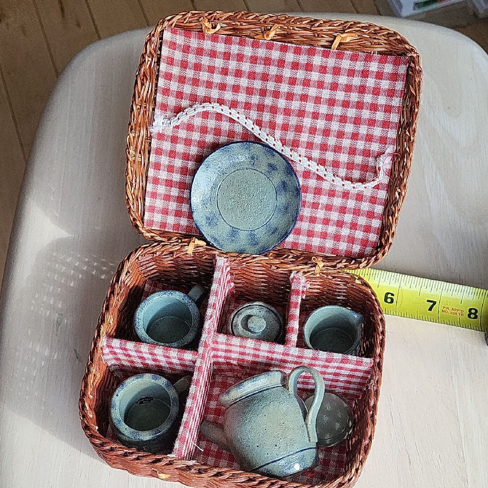 Miniature Ceramic Tea Set in Wicker Basket